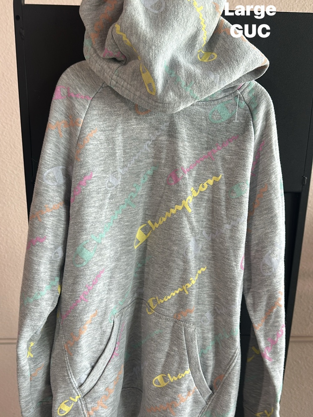 Champion Grey Hoodie with Pastel Accent Logos girls Sz L